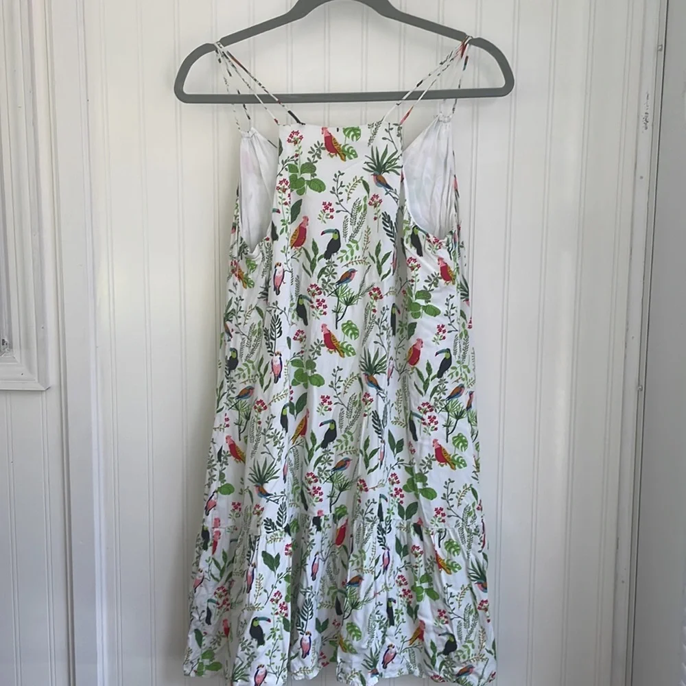 LOFT Jungle Birds Tropical Print Ruffle Double Strap Lined Dress Cover Up size S - Picture 3 of 11